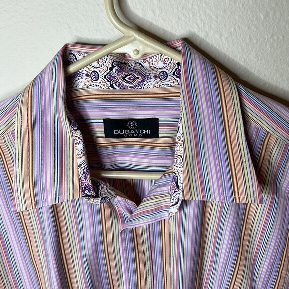 Bugatchi Uomo Striped Pink Multi Color Size XL Shirt - Picture 3 of 11